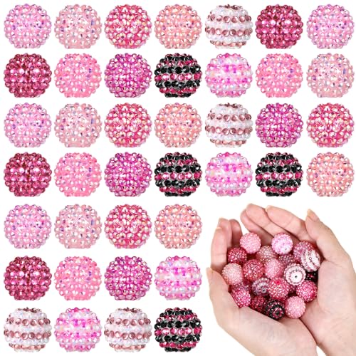 40 Pcs 20 mm Rhinestone Beads Bulk Crystal Round Disco Ball Chunky Bubblegum Beads for Pens Bracelets Charms Craft European Style Jewelry Making Supplies Christmas(Mix Pink) - color: Mix Pink