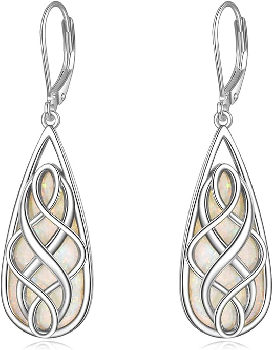 VONALA White Opal Celtic Knot Dangle Drop Earrings for Women 925 Sterling Silver Boho Chic Jewelry Gift for Women