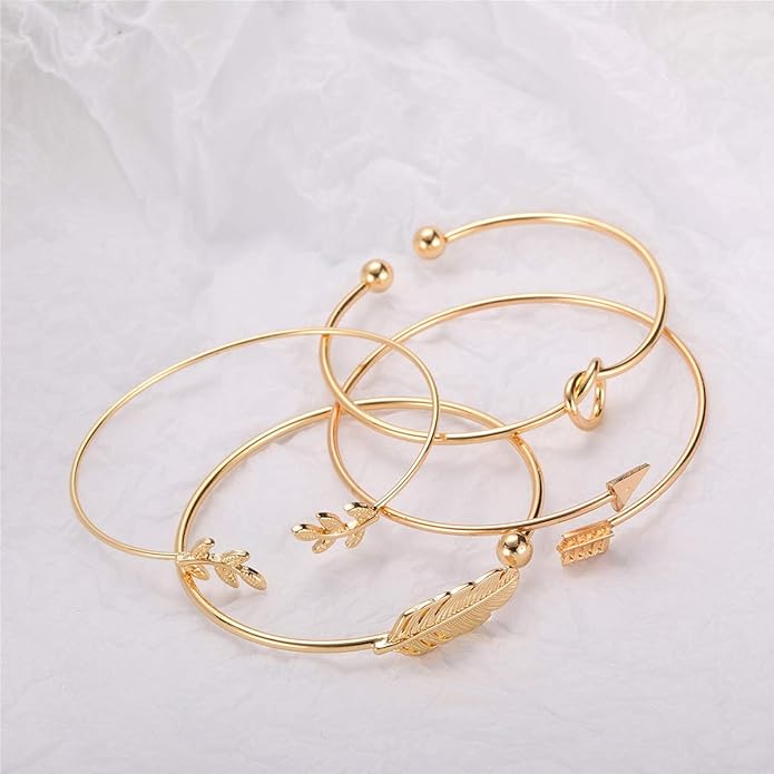 Starain 4Pcs Rose Gold Bracelets for Women Simple Leaf Arrow Feather Knot Heart Bangle Bracelet Adjustable Cuff Bracelet Set