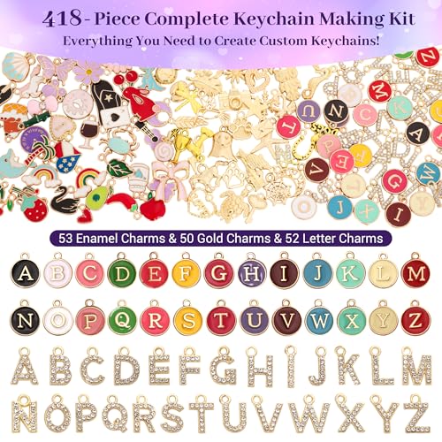 Koruhi 418pcs Charms Lip Gloss Keychain Making Kit,Cute Gold DIY Keychain Supplies Including Organizer Box,Pliers, Tassels, Enamel Letter Charms,Complete Key Chain Kits for DIY Craft Gifts(418, Gold)