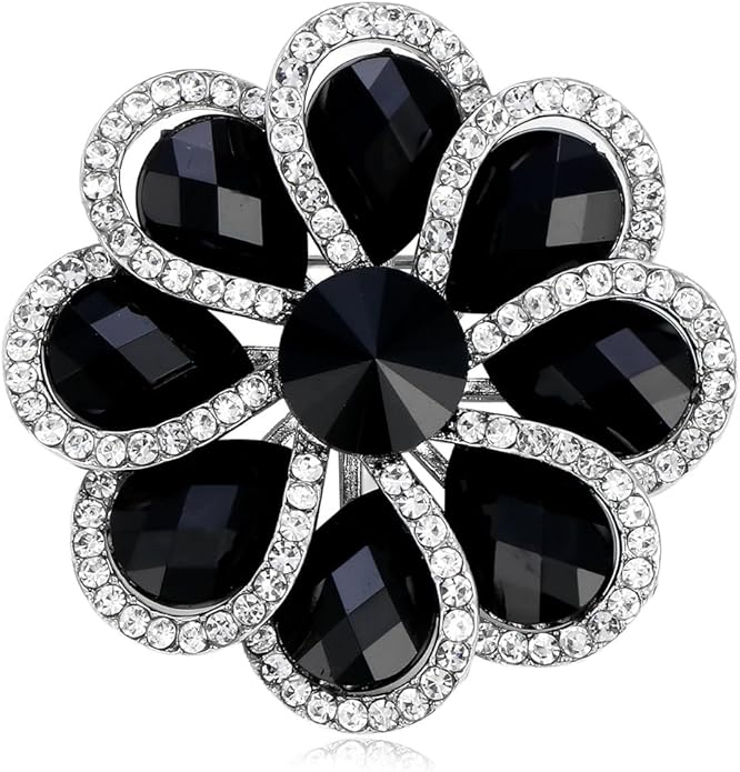 Rhinestone Flower Brooch for Women Vintage Style Black White Crystal Flower Brooch Pin Sparkling Bridal Wedding Crystal Pin Elegant Clothing Hat Bag Accessories Christmas Birthday Party Wedding Costume Jewelry