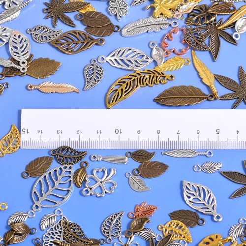 stino 100g Metal Pendant Charms for Jewelry Making, Bulk Silver & Gold Plated Charms for Braclet Necklace Crafts, Animal Plant Flower Pet and so on - color: Leaf Silver & Gold