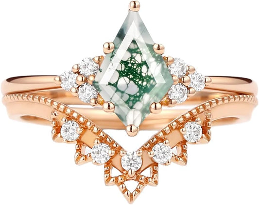 Natural Moss Agate Bridal Ring Set for Women 1CT Kite-cut Moss Agate Engagement Ring Set 925 Sterling Silver 10K 14K 18K Gold Classic Wedding Ring Set