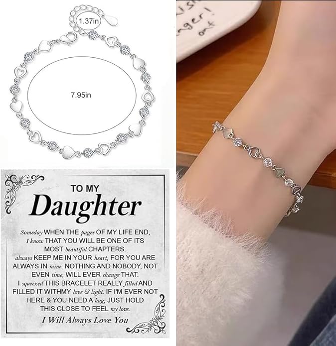 To My Daughter Bracelet, Silver Heart Chain Bracelet with Shiny Stones, Perfect Birthday or Graduation Christmas Gift for Daughter with Message Card Gift Box