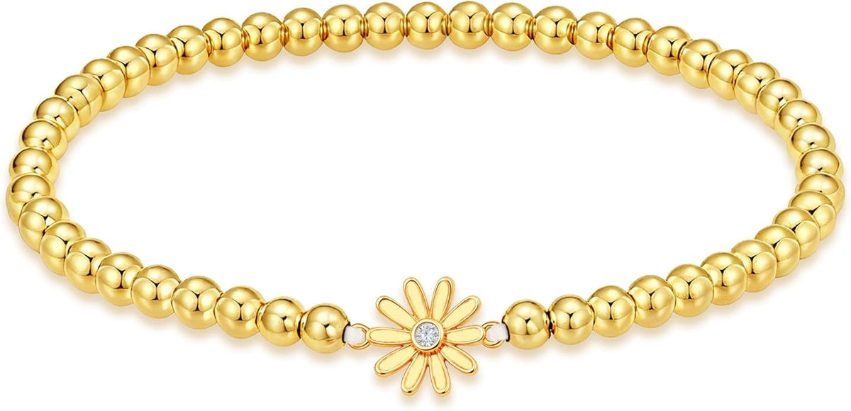 HZDK Gold Bracelets for Women - 14K Gold Plated Beaded Bracelets for Women Gold Jewelry Stackable Charm Bracelet Dainty Stretch Bead Bracelet Christmas Gifts for Her