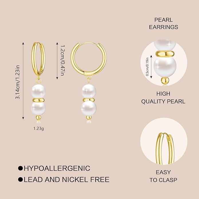 Gold Pearl Dangle Earrings for Women, 14K Gold Plated Small Pearl Drop Huggie Hoop Earrings, Hypoallergenic Dainty Gold Earrings Wedding Jewelry Gifts for Women Trendy