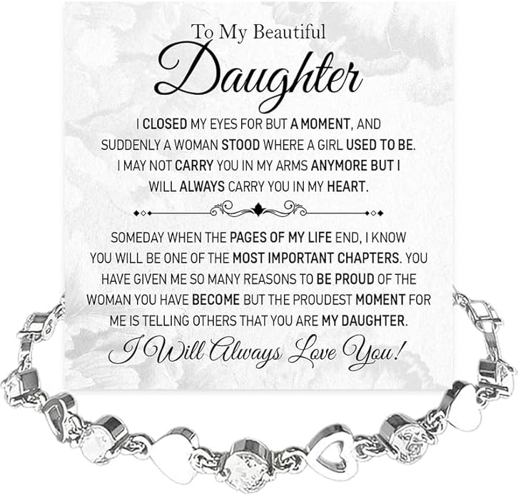 To My Daughter Bracelet, Silver Heart Chain Bracelet with Shiny Stones, Perfect Birthday or Graduation Christmas Gift for Daughter with Message Card Gift Box