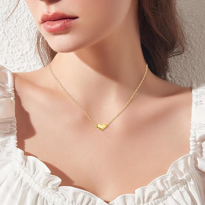 SISGEM Real 14k Yellow Gold Heart Necklace and 18k Gold Ball Earrings Set for Women