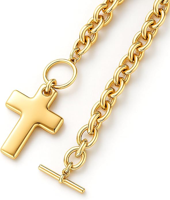 Zeffy 14K Gold/Silver Plated Chunky Thick Chain Toggle Clasp Necklace Dainty Baroque Pearl/Heart/Cross/Turquoise Pendant Necklace