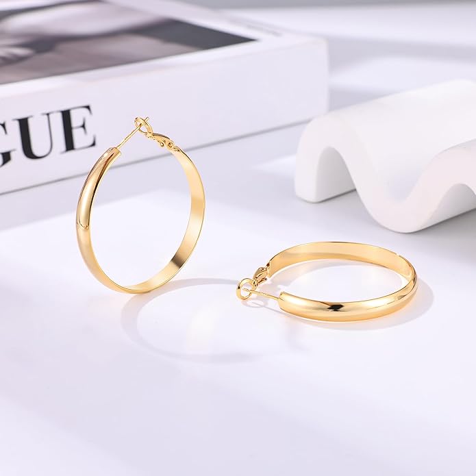 Gacimy 14K Gold Plated Hoop Earrings for Women, 14k Real Gold Plated with 925 Sterling Silver Post, Hypoallergenic Lightweight Thick Hoops Earrings for Women Trendy