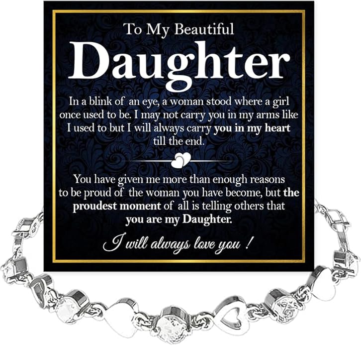 To My Daughter Bracelet, Silver Heart Chain Bracelet with Shiny Stones, Perfect Birthday or Graduation Christmas Gift for Daughter with Message Card and Gift Box