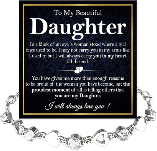 To My Daughter Bracelet, Silver Heart Chain Bracelet with Shiny Stones, Perfect Birthday or Graduation Christmas Gift for Daughter with Message Card and Gift Box