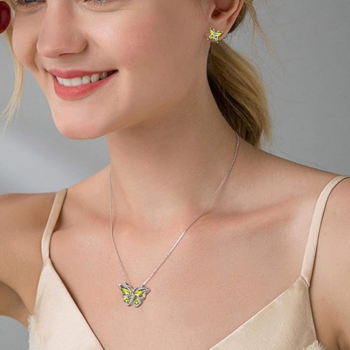 925 Sterling Silver Birthstone Butterfly Jewelry Women Crystal Animal Cute Butterflies Birthday Necklace/Earring/Ring/Bracelet Sets Birth Stone Statement Anniversary Jewellery