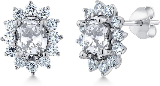 Gem Stone King 7X5MM Oval Gemstone Birthstone Stud Earrings For Women | Princess Diana Royal Halo Style | 925 Sterling Silver | Fine Jewelry Gifts for Anniversary Wedding Her Mom Women Wife