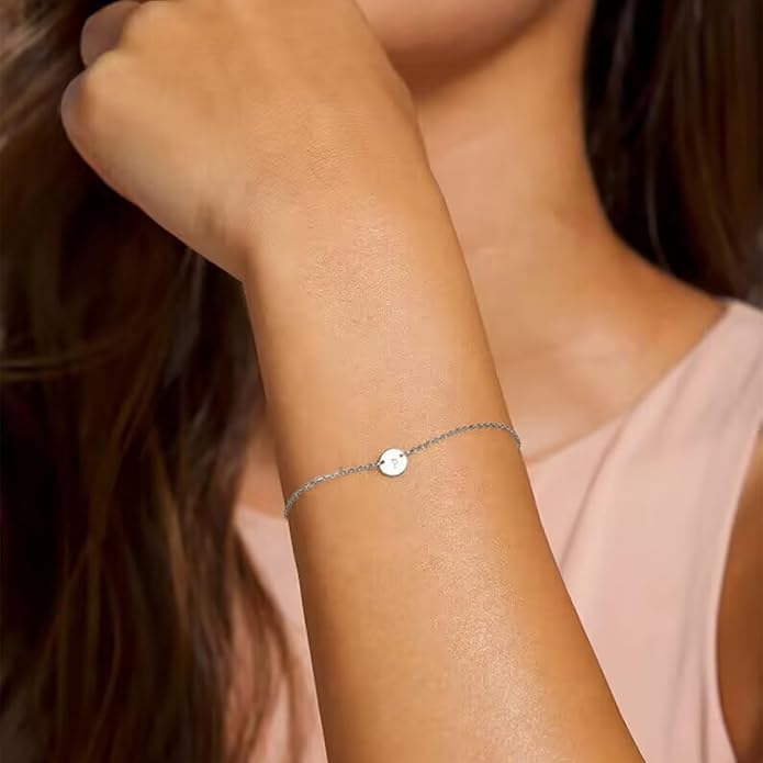 Personalized Initial Bracelet for Women Stainless Steel Letters Bracelet Delicate Coin Dainty Disc Alphabet Charm Bracelet Monogram Name Bracelet