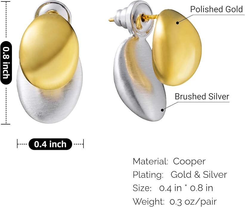 Two-Tone Chunky Oval Ball Earrings for Women, 2 in 1 Gold Silver Front and Back Stud Earrings, Lightweight 925 Sterling Silver Post, Fashion Jewelry Gift