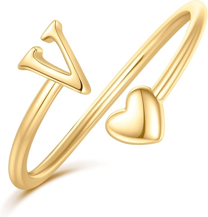 Initial Rings for Women Girls - Valentines Day Gifts for Her, Adjustable Rings for Women Non Tarnish Letter A-Z Dainty Heart Ring Teen Girls Gifts Trendy Stuff Personalized Jewelry Gift