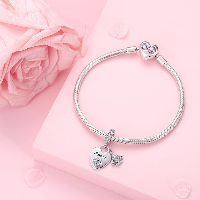 Birthstone Charms for Charms Bracelet: 925 Sterling Silver Heart Dangle Charms for Bracelets and Necklaces, Birthday Mother's Day Christmas Gifts For Women.