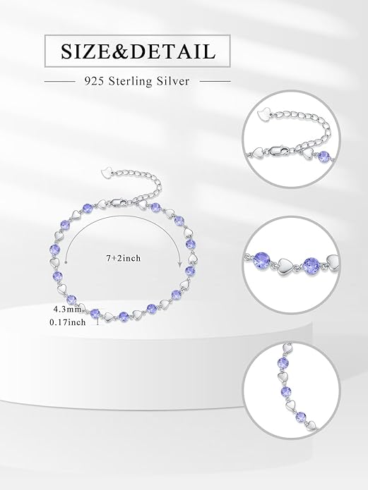 Birthstone Charm Link Bracelet 925 Sterling Silver Rose/Heart/Mom Bracelet with 12 Months Birthstone Mother's Day Gift Jewelry Gifts for Women,Chain Length 7"+2" Extend