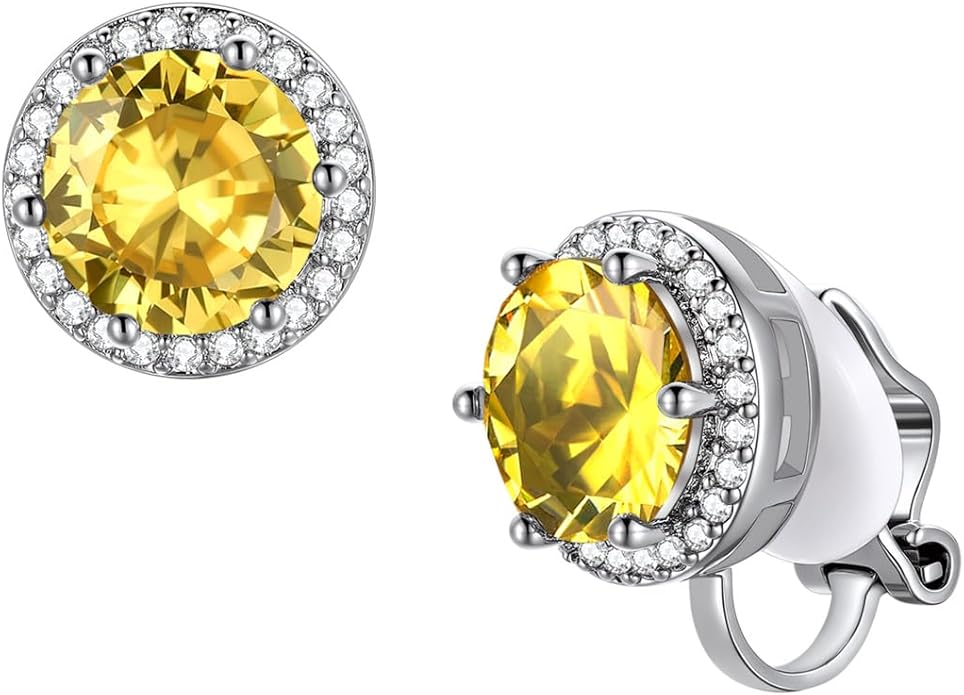 FindChic Sparkling Birthstone Clip On Earrings for Women, Silver Plated Stud Earrings 8MM Cubic Zirconia Non Pierced Studs, 12 Months Birthday Jewelry Gift
