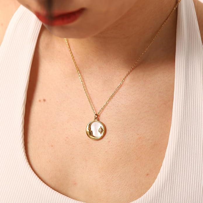 IBARA Women Gold Dianty Necklace Sun Crescent Moon Star Evil Eye Lock Lovely Heart Flower Butterfly Pearl Pendant Coin Necklaces 18K Gold CZ Diamond Filled Chain Boho Beach Simple Handmade Jewelry