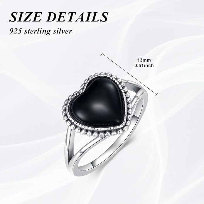 925 Sterling Silver Oxidized Black Onyx Rings for Women - Round & Heart 9mm Onyx Vintage Retro Design, Ideal for Daily Wear
