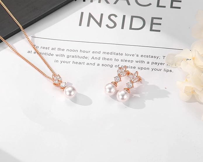 Wedding Jewelry for Bride Bridesmaid, Pearl Dangle Earrings and Pendant Necklace Set Bridal Jewelry for Promise Wedding Party
