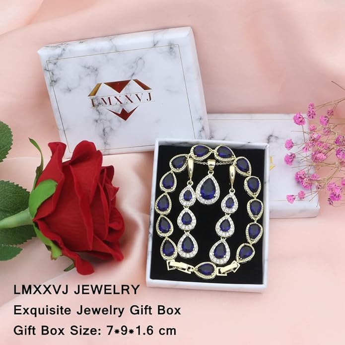 LMXXVJ Necklace Long Earrings Bracelet Set, White Gold Plated Created Blue Sapphire Jewelry Set Wedding Party Gift Jewelry for Women Bridal Bridesmaid
