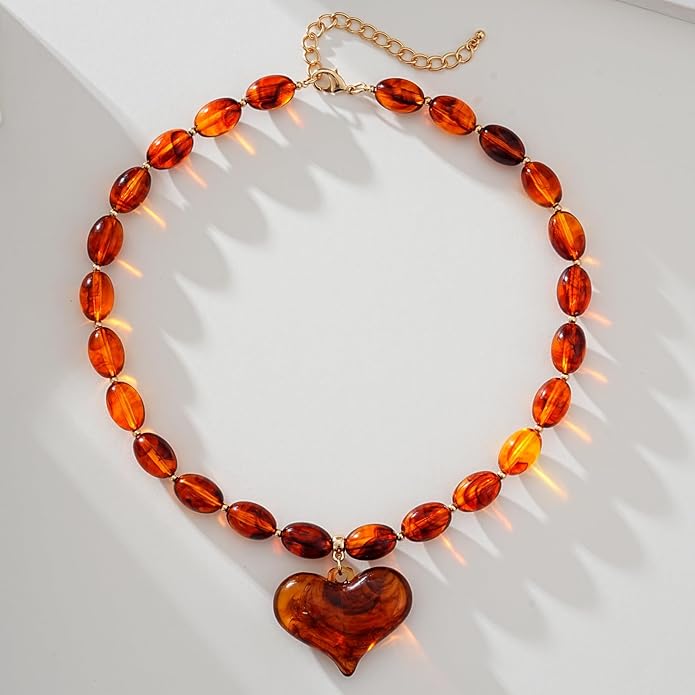 Large Acrylic Heart Necklaces for Women Chunky Puffy Heart Pendant Necklace Exaggerated Statement Love Beaded Choker Necklace Jewelry