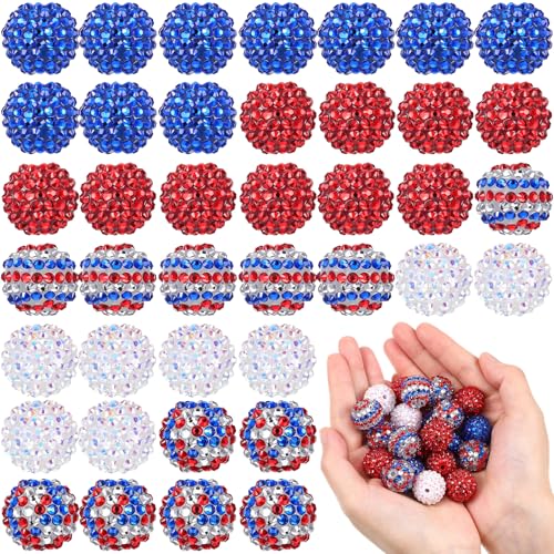40 Pcs 20 mm Rhinestone Beads Bulk Crystal Round Disco Ball Chunky Bubblegum Beads for Pens Bracelets Charms Craft European Style Jewelry Making Supplies Christmas (4th of July Color) - color: 4th of July Color