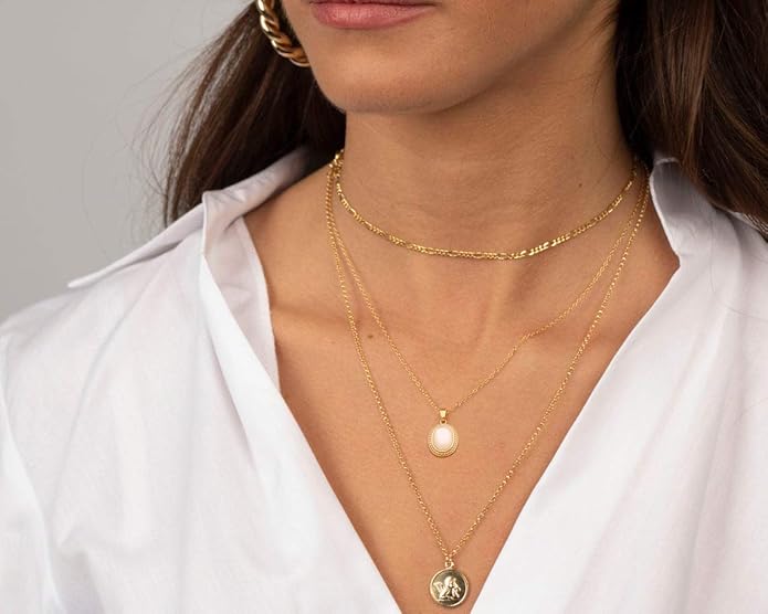 Aobei Pearl 18K Gold Plated Moon Star Lion Evil Eye Love Heart Cross Pendant Necklace Medallion Paperclip Chian Choker Layering Jewery for Women