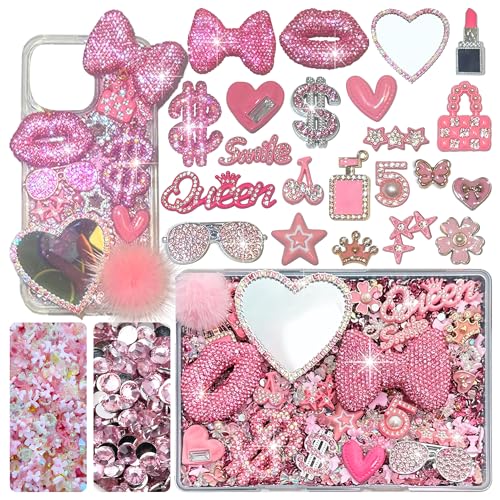 Gehaiwo Pink Junk Case Charms Kit, Junks Phone Cases with Rhinestone Accessories and Full Diamond Bow Lips Dollar Sign Pom Resin Kits Mirror with DIY Phones Decorations