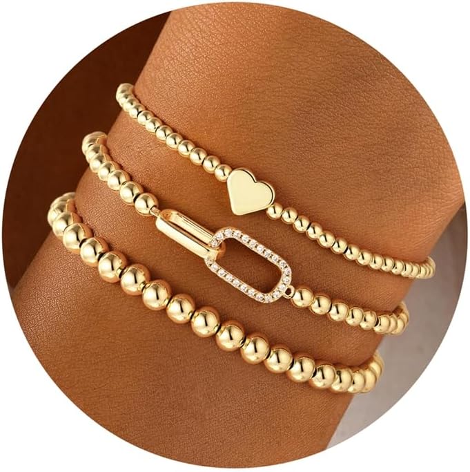 Turandoss Gold Bracelets for Women - Dainty 14K Gold Plated Bow Cross Beaded Bracelets for Women Stackable Heart Bead Bracelet Set Wave CZ Round Ball Bracelet Valentine's Day Gifts for Her