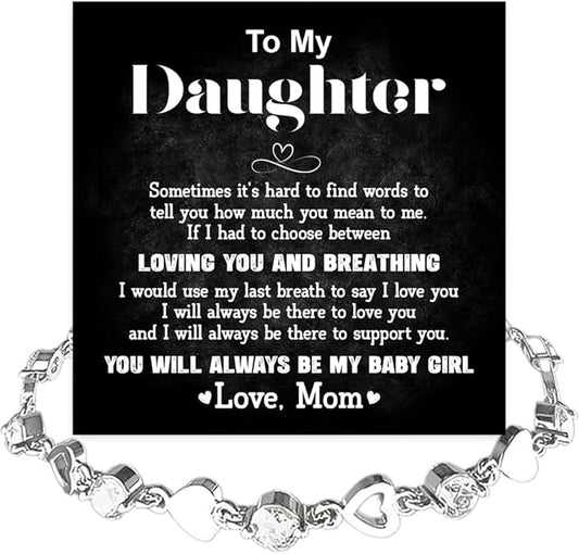 To My Daughter Bracelet, Silver Heart Chain Bracelet with Shiny Stones, Perfect Birthday or Graduation Christmas Gift for Daughter with Message Card Gift Box
