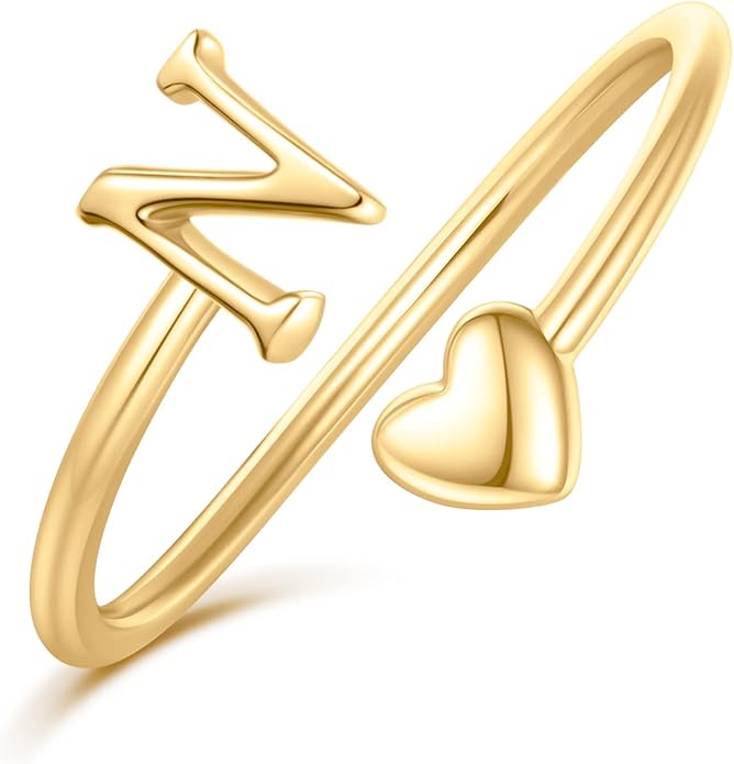 Initial Rings for Women Girls - Valentines Day Gifts for Her, Adjustable Rings for Women Non Tarnish Letter A-Z Dainty Heart Ring Teen Girls Gifts Trendy Stuff Personalized Jewelry Gift