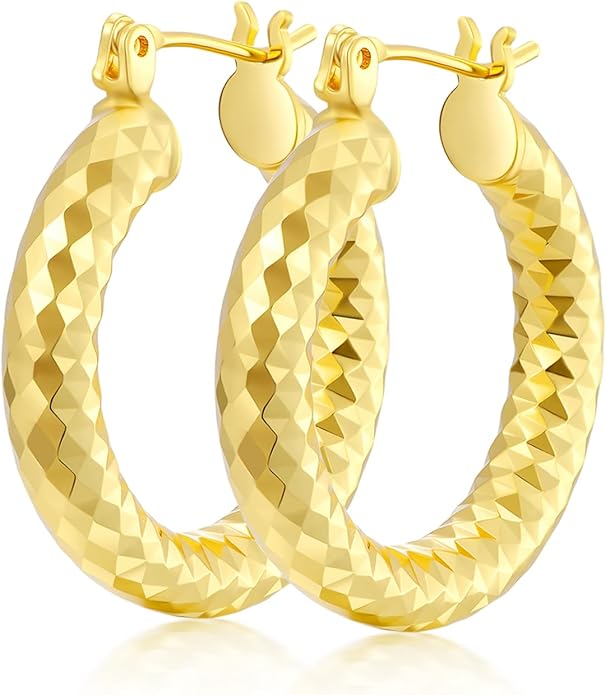 Gold Plated Hoop Earrings for Women 14K Gold Plated Earrings for Women Hypoallergenic Lightweight Wrinkle Texture Earrings Womens 20mm/25mm/30mm