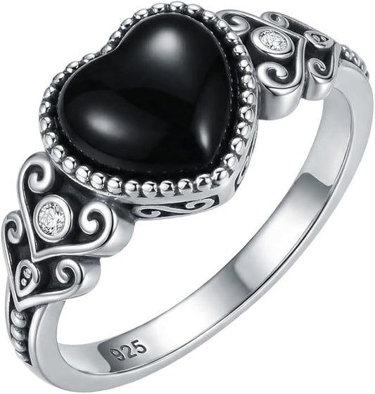 925 Sterling Silver Oxidized Black Onyx Rings for Women - Round & Heart 9mm Onyx Vintage Retro Design, Ideal for Daily Wear