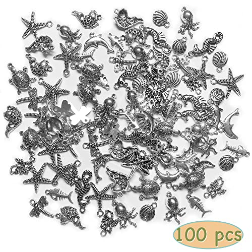Heather's cf Silver Sea Charms – Antique Pendants, Non-Tarnish, Lead-Free & Nickel-Free, Bulk Ocean Animal Charms for DIY Jewelry, Bracelets, Necklaces, Earrings, Beach Craft Supplies (Sea Animals) - color: Mixed Sea Charms - 100 Pc