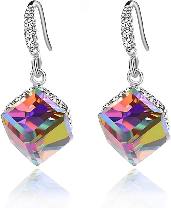 Austrian Crystal Cube Drop Dangle Earrings for Women 14K Gold Plated Hypoallergenic Jewelry