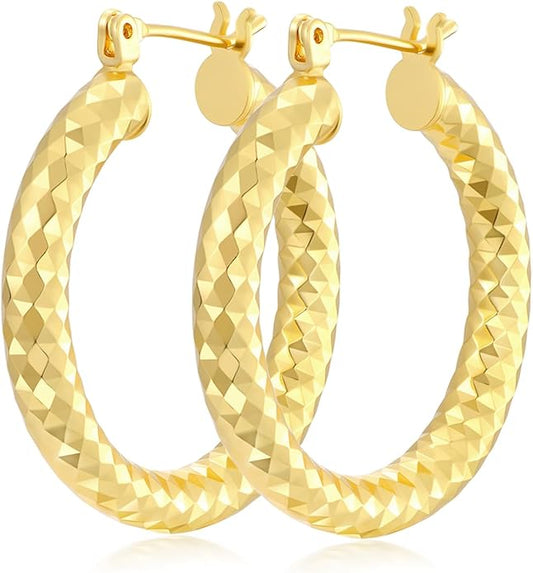 Gold Plated Hoop Earrings for Women 14K Gold Plated Earrings for Women Hypoallergenic Lightweight Wrinkle Texture Earrings Womens 20mm/25mm/30mm