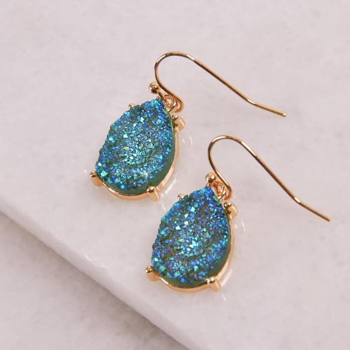 Teardrop Dangle Earrings for Women with Simulated Druzy Stones in Gold or Silver Tone