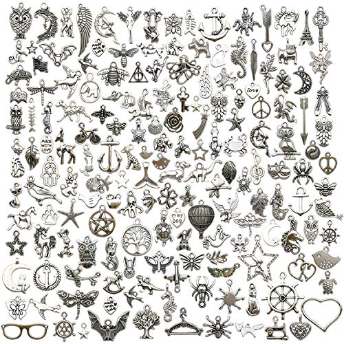 Youdiyla 200 Mixed Charms Collection, Antique Silver Tone, Charms Metal Pendant Craft Supplies Findings for Crafting Necklace Bracelet Jewelry Making HM332 - color: 200 Mix Charms