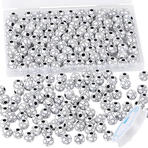 100pcs Soccer Beads with 5.5 Yard Elastic Rope,Acrylic Sports Beads DIY Spacer Bead for Necklace Bracelet Keychains Handmade Jewelry Making Accessories Craft Supplies,12mm(Soccer) - color: Soccer
