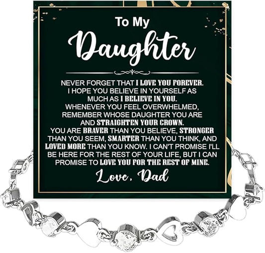 To My Daughter Bracelet, Silver Heart Chain Bracelet with Shiny Stones, Perfect Birthday or Graduation Christmas Gift for Daughter with Message Card Gift Box