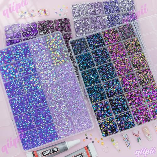 qiipii 8 Color 2-6mm Purple Jelly Resin Rhinestones w B7000 Jewelry Glue for Bedazzling Crafting Flatback Stones Gems Diamonds for Nails Face Eyes Makeup Tumblers Bottles Crafts Clothes Shoes Phones - color: Light / Dark / Peacock Purple Series Rhinestone