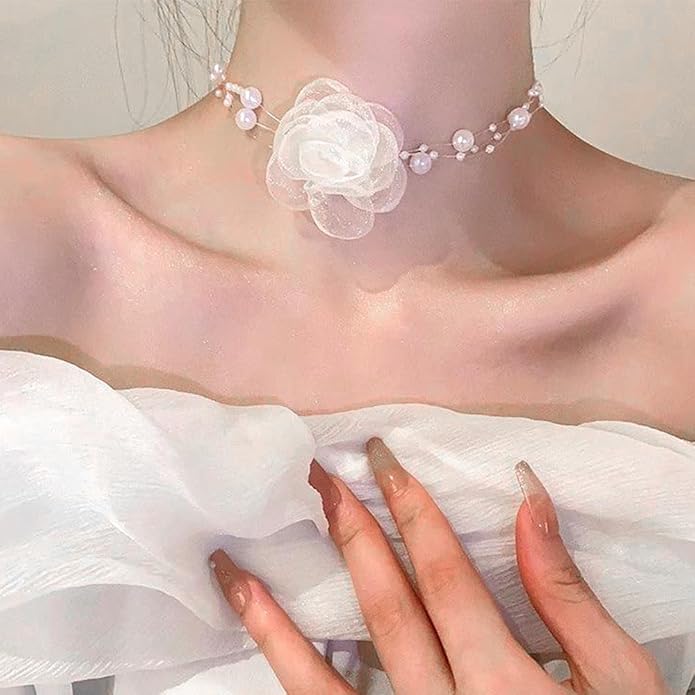 Boho Flower Pearl Choker Necklace for Floral Choker,Women Dainty Pearl Beaded Chain Collar Necklace Flower Necklace for Women Trendy Jewelry