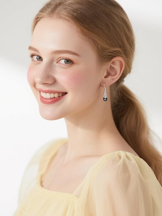 Tahitian Black Pearl Earrings Gifts for Women Wife Celtic Dangle Drop Earrings Wedding Birthday Anniversary Jewelry Valentines Christmas Day Gifts 925 Sterling Silver