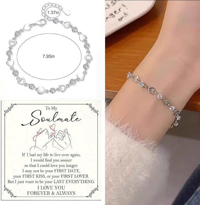 To My Soulmate Bracelet for Women, Heart Chain Bracelet with Shiny Stones, Perfect Birthday or Anniversary Christmas Gift for Soulmate with Message Card and Gift Box