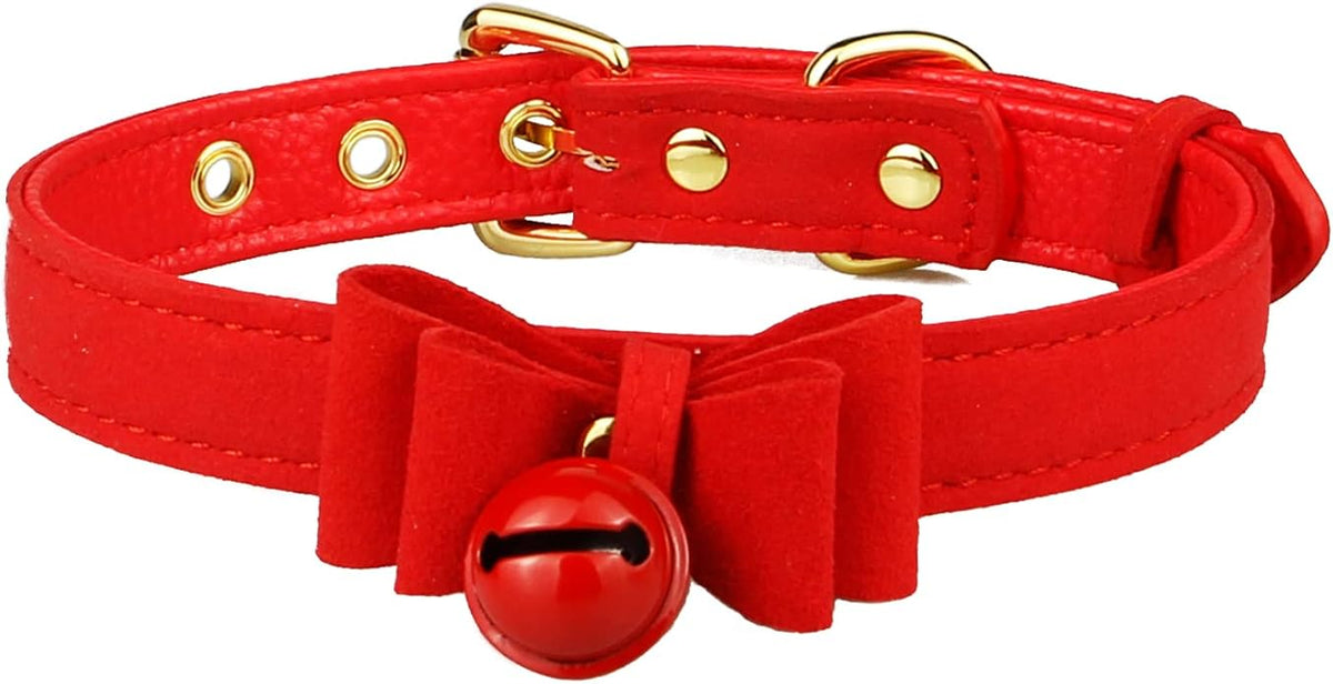 Leather Collar Necklace for Women with Bow Bell Kitty Cat and Delicate Tea flower pearl pendant Choker for Ladies Black Pink Red