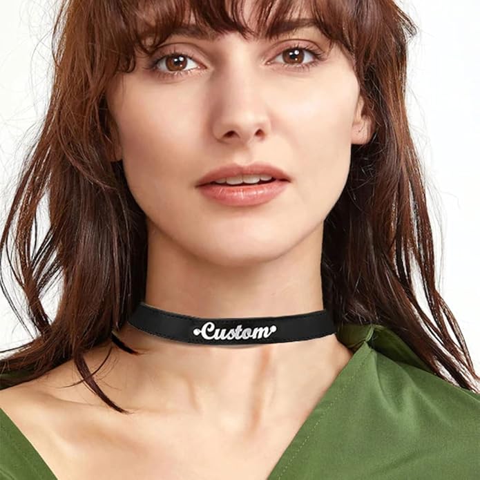 Custom4U Personalized Black Leather Choker Necklace with Picture/Name/Initials/Letters Charm,Custom Made Adjustable Choker Collar Gothic Punk Necklaces Jewelry Gifts for Women